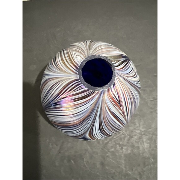 Art Glass Globe Vase with Purple Blue Brown Swirls Sphere Vintage - Picture 6 of 15